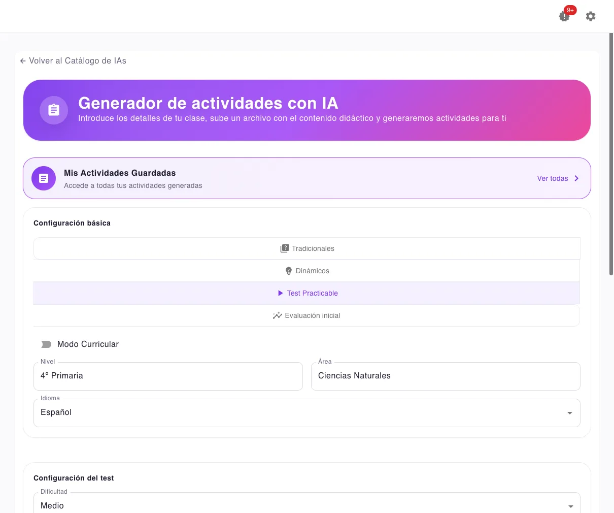 Formulario para generar un test practicable con IA