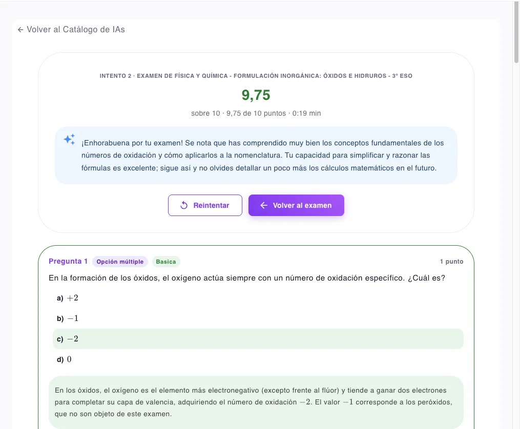Examen corregido con IA: nota sobre 10 y feedback por pregunta