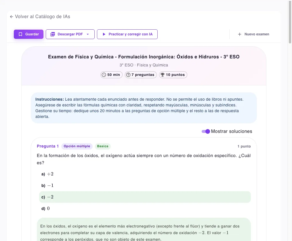 Examen generado con IA en 4Docentes con soluciones marcadas