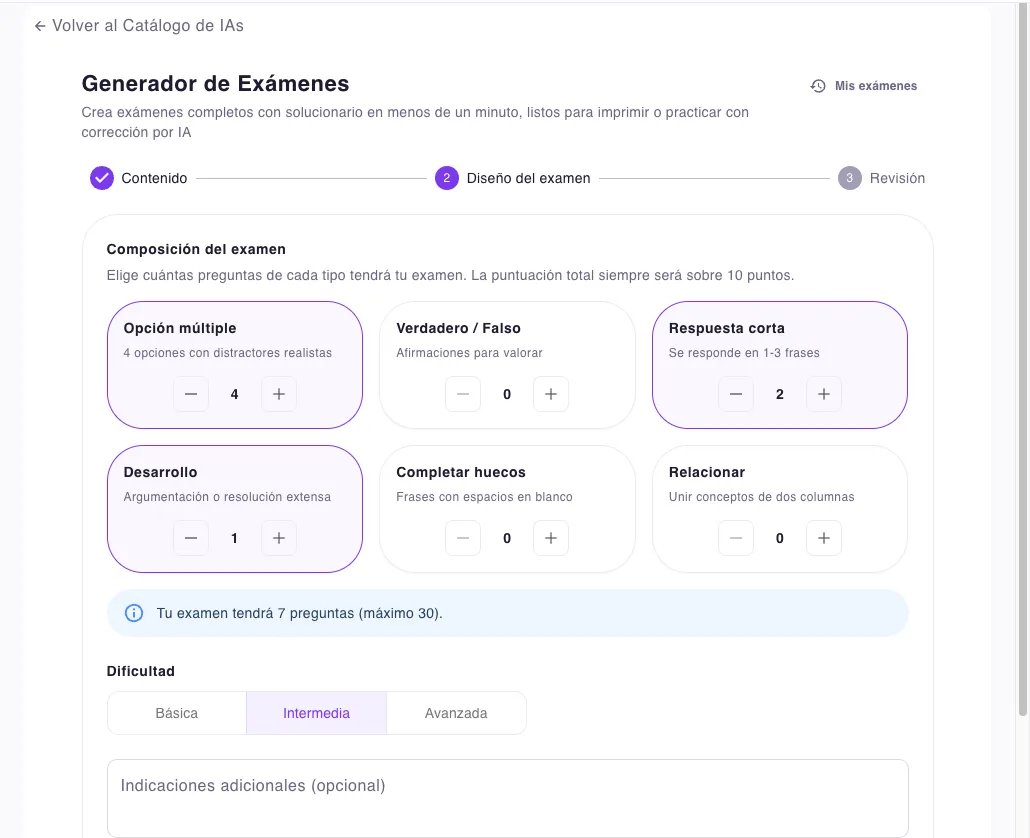 Paso 2 del generador de exámenes: tipos de pregunta y dificultad