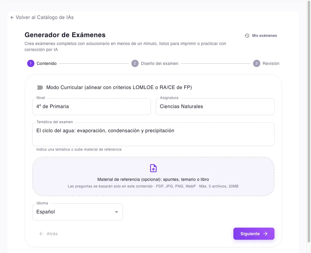 Paso 1 del generador de exámenes: nivel, asignatura y temática
