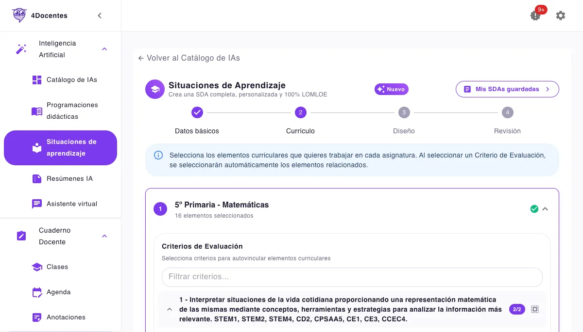 Generador de situaciones de aprendizaje con el currículo LOMLOE seleccionado