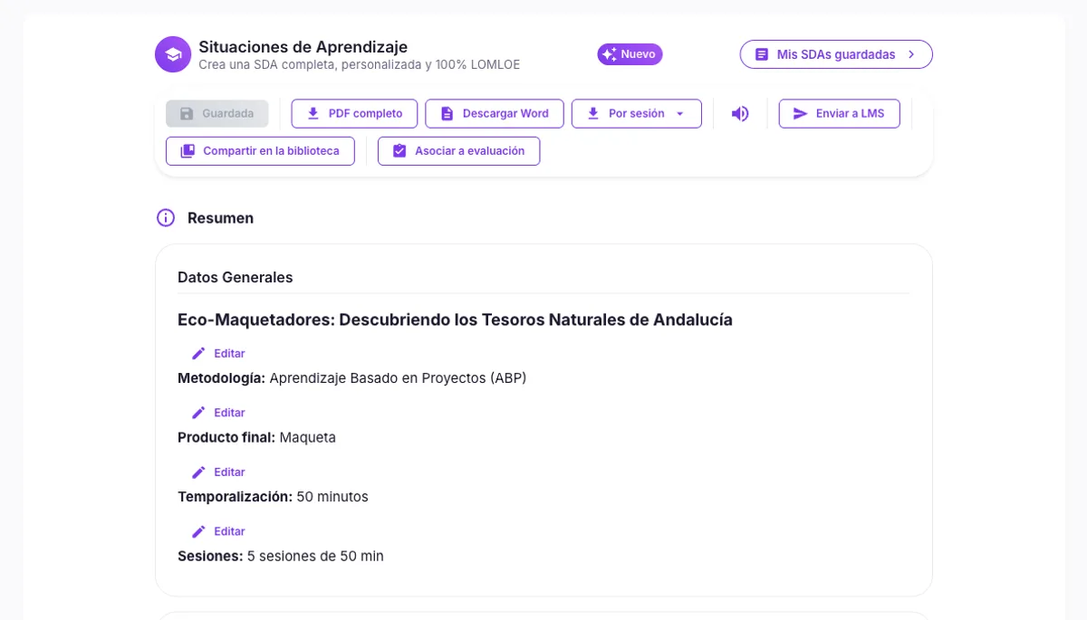 Situación de aprendizaje completa generada con IA en 4Docentes, con metodología, producto final y sesiones