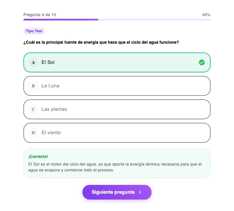 Pregunta tipo test corregida automáticamente en el modo práctica