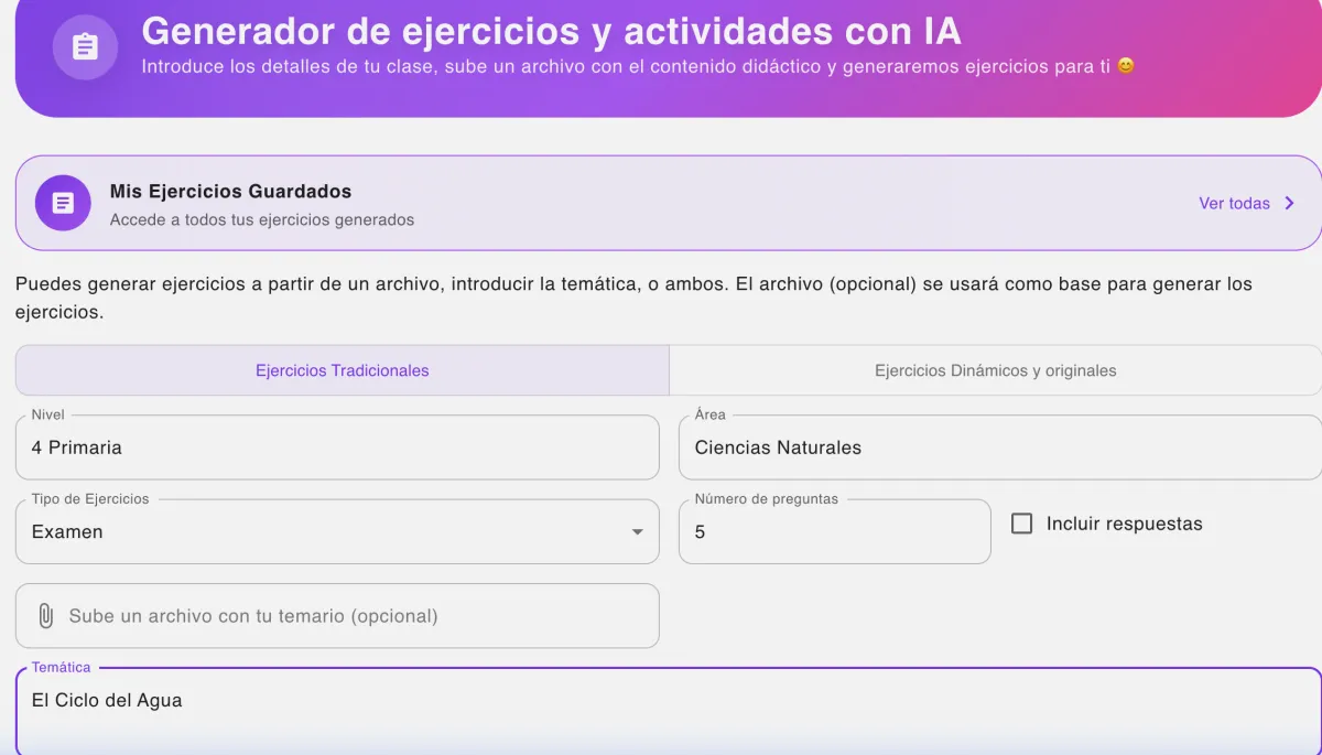 Configuración del generador de exámenes para el ciclo del agua