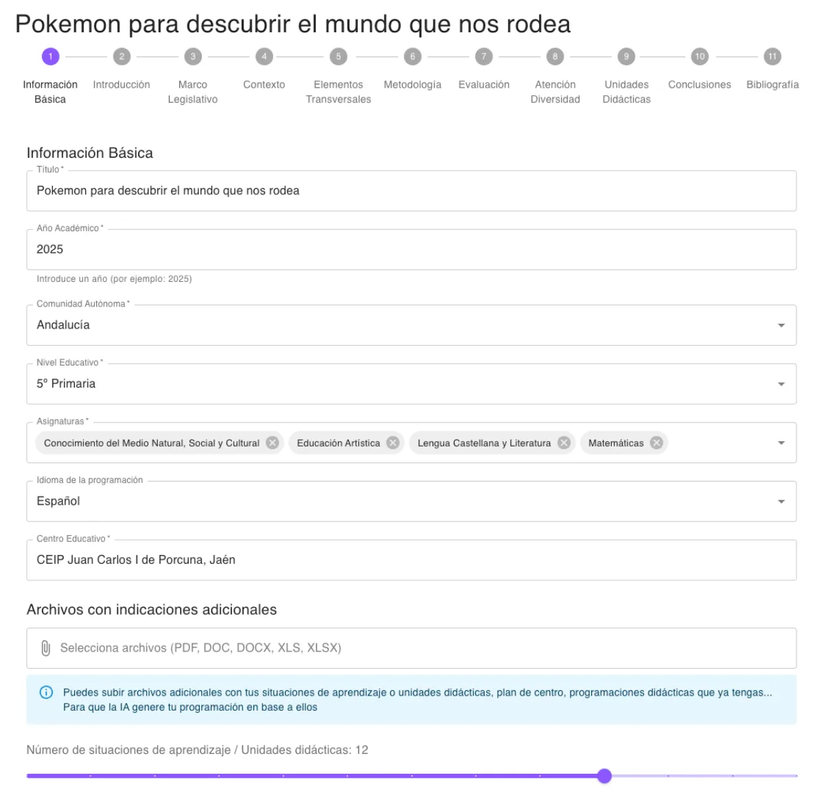Wizard de programación didáctica con datos de ejemplo