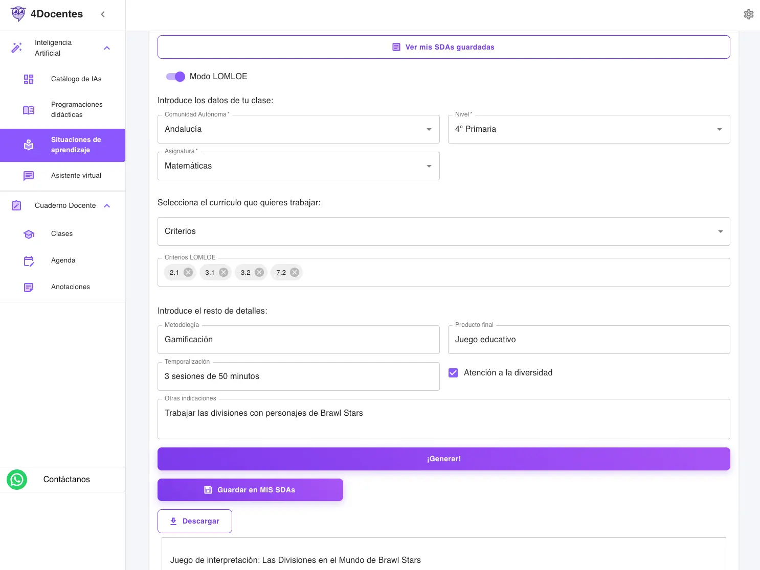 Generador de situaciones de aprendizaje con datos rellenados