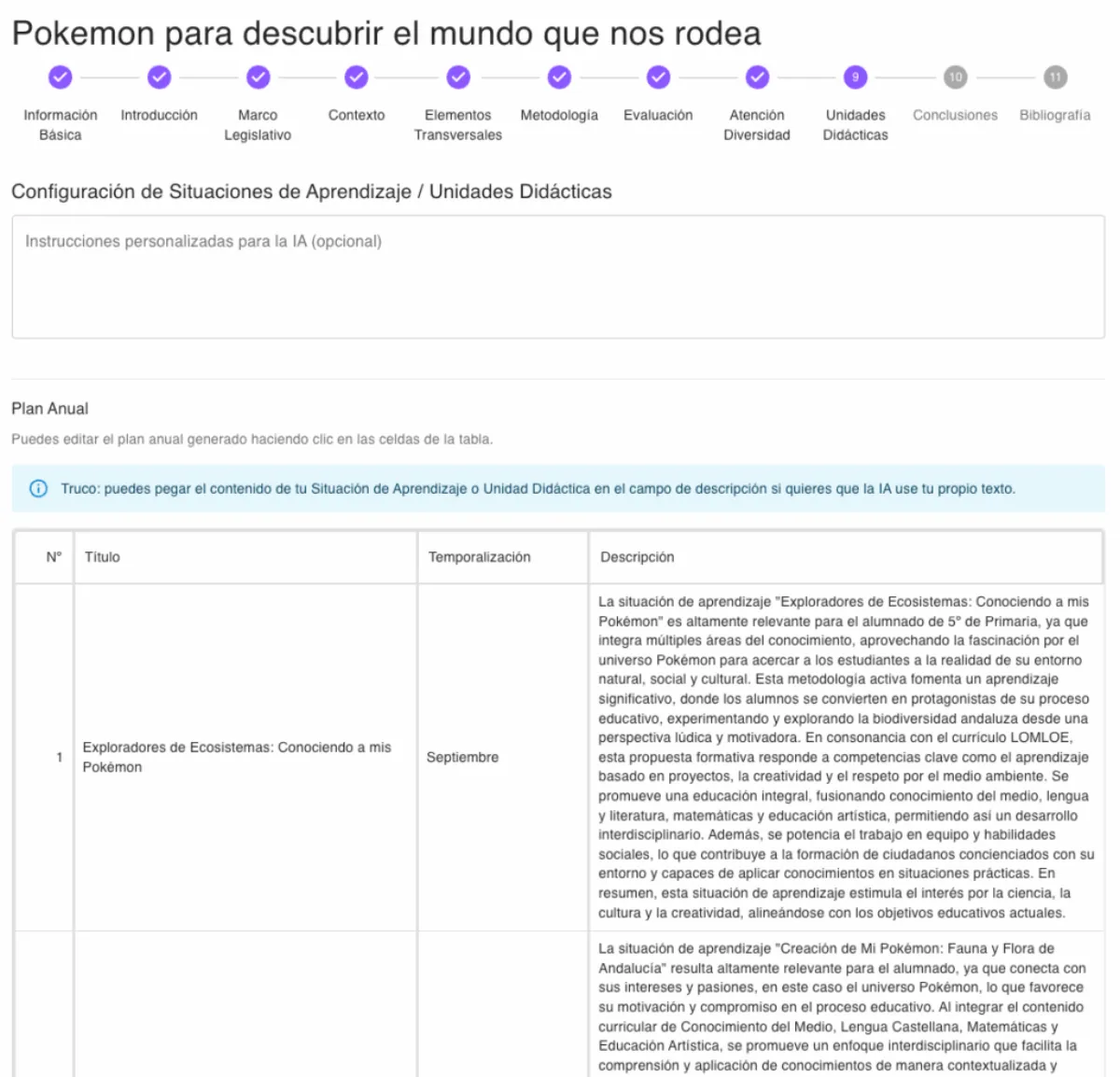 Configuración de unidades didácticas en la programación