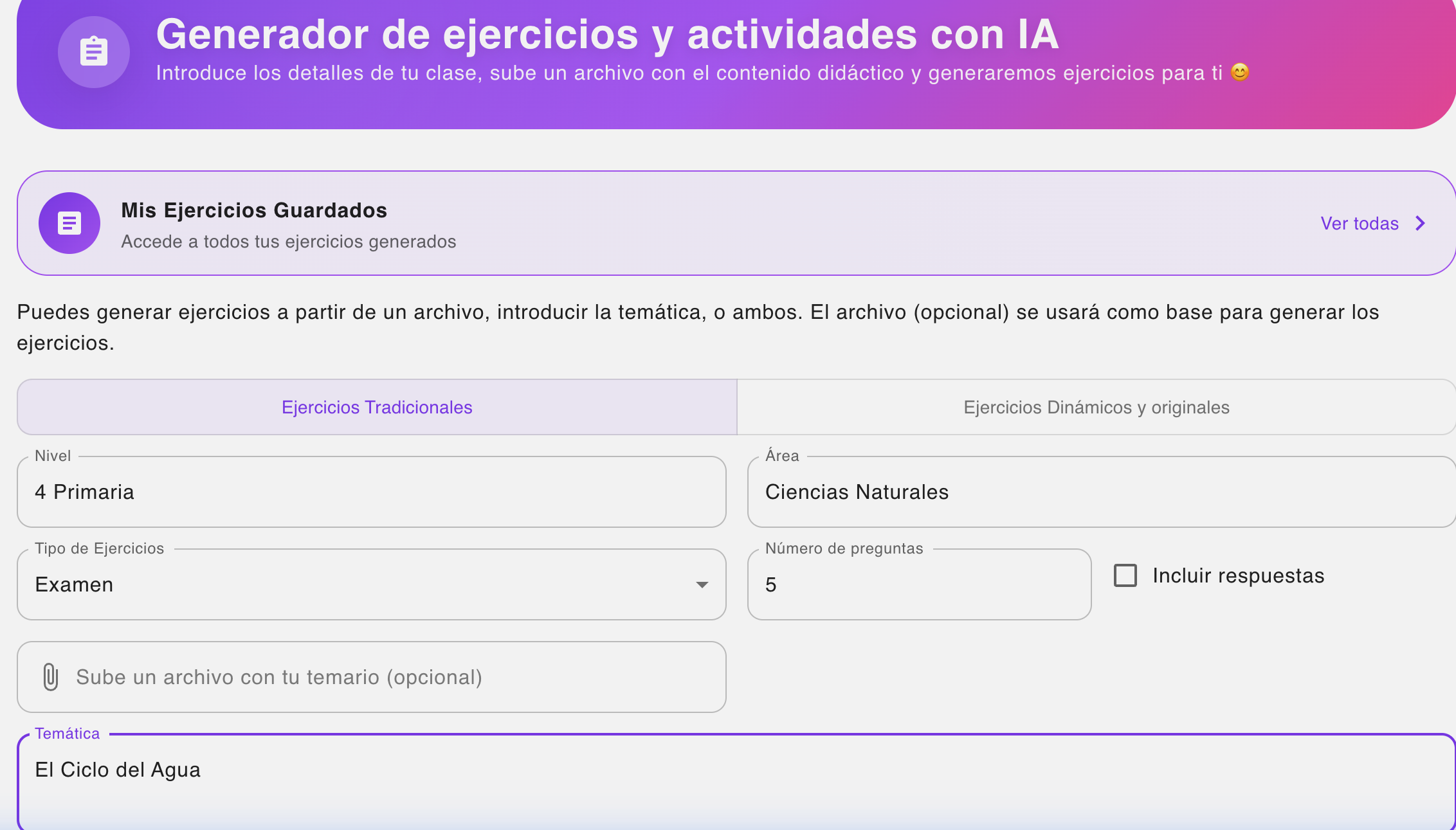 Configuraci&oacute;n del generador de ex&aacute;menes con IA para el ciclo del agua.